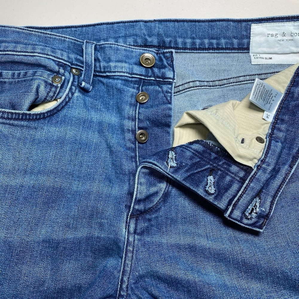 Rag Bone Fit 1 Extra Slim Jeans 34 (34x31) Mens Button Fly Medium Wash